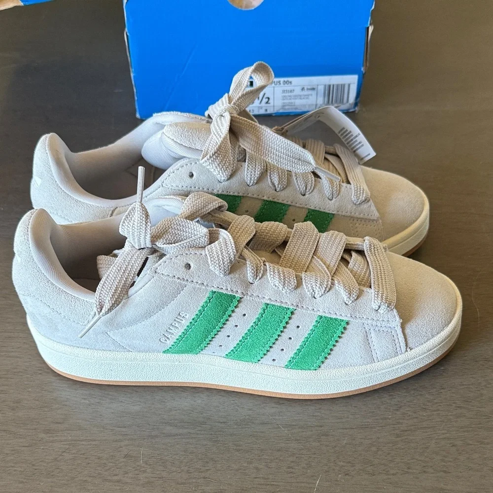 adidas Men’s Grey Suede Sneakers with Green Stripes